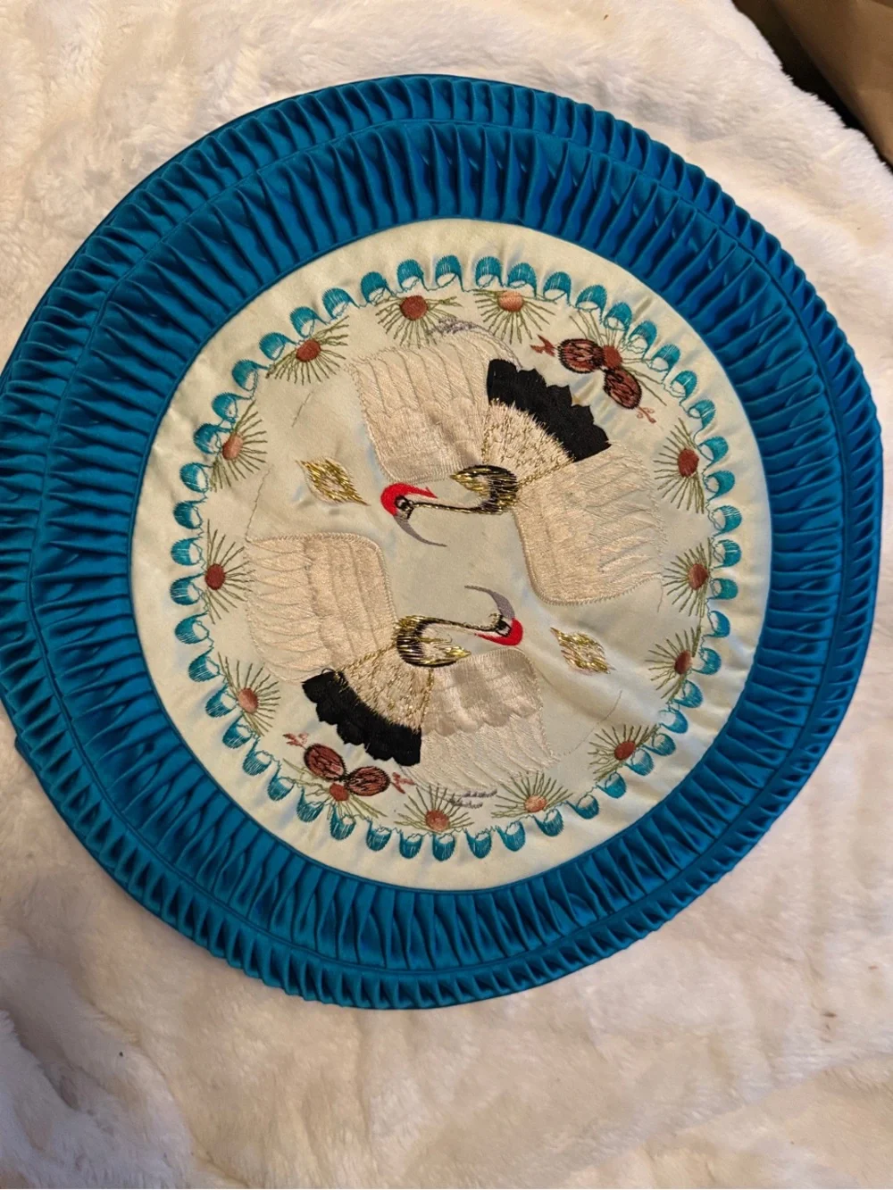 Vintage Ornate blue Silky decorative cushion w/ Swan- Grandma’s House Decor